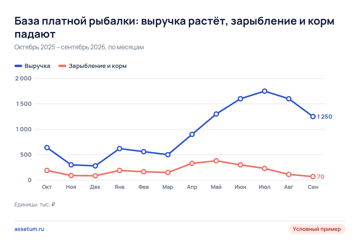 График базы платной рыбалки за 12 месяцев: выручка летом растёт, а расходы на зарыбление и корм с июня падают до 70 тыс. ₽