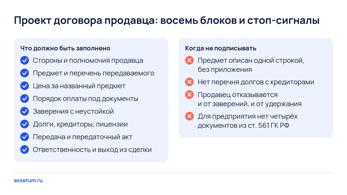 Чек-лист проекта договора купли-продажи бизнеса: восемь блоков и четыре сигнала, при которых проект не подписывают