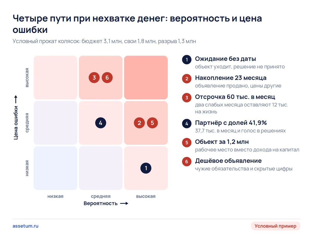 Карта рисков четырёх путей при нехватке денег на бизнес: отсрочка опасна платежом, объект меньше оборачивается работой