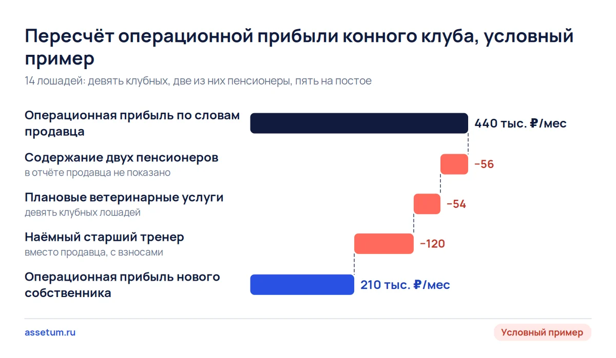 Каскад прибыли конного клуба: заявленные 440 тыс. ₽ в месяц после пенсионеров, ветеринара и тренера дают 210 тыс. ₽
