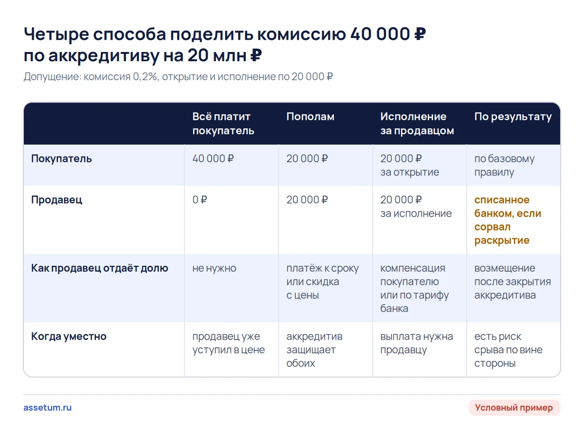 Матрица четырёх вариантов распределения комиссии по аккредитиву между покупателем и продавцом в условной сделке на 20 млн ₽
