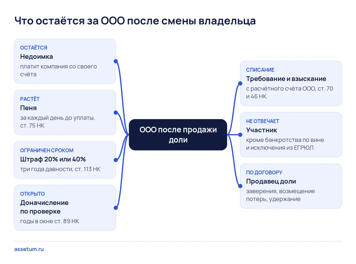 Карта налоговых требований, которые остаются за ООО после продажи доли: недоимка, пеня, штраф, доначисление и взыскание