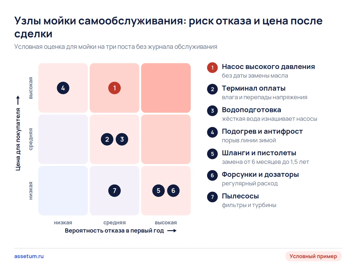 Карта рисков узлов мойки самообслуживания: насос и антифрост стоят дороже всего, шланги и форсунки ломаются чаще