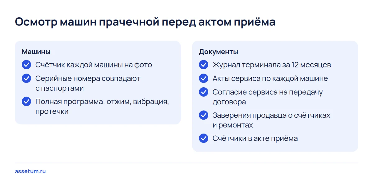 Чек-лист осмотра машин прачечной: счётчики, серийные номера, пробная стирка, журнал терминала, акты и заверения