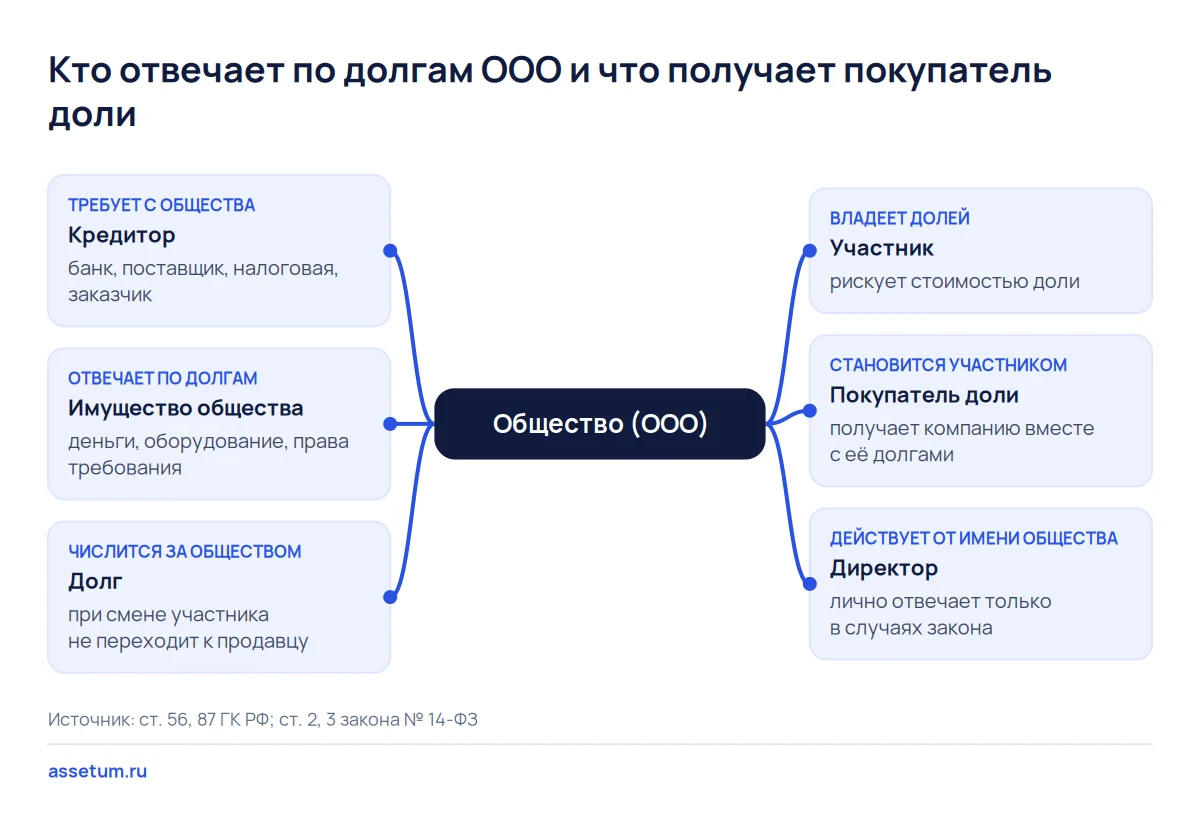 Карта связей ООО: кредитор требует с общества, отвечает имущество компании, участник и покупатель рискуют стоимостью доли