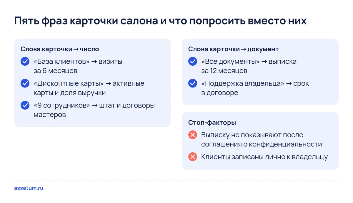 Чек-лист по карточке салона: какие числа и документы просить вместо слов о базе, картах, штате и поддержке владельца