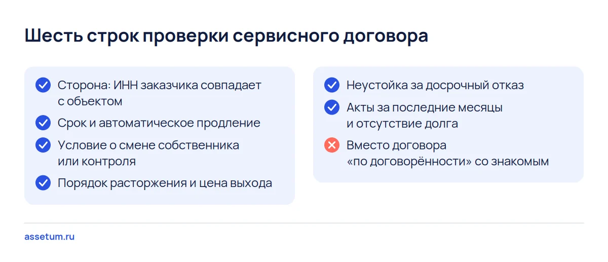 Чек-лист из шести строк проверки сервисного договора при покупке бизнеса и стоп-сигнал: услуга без договора на знакомом