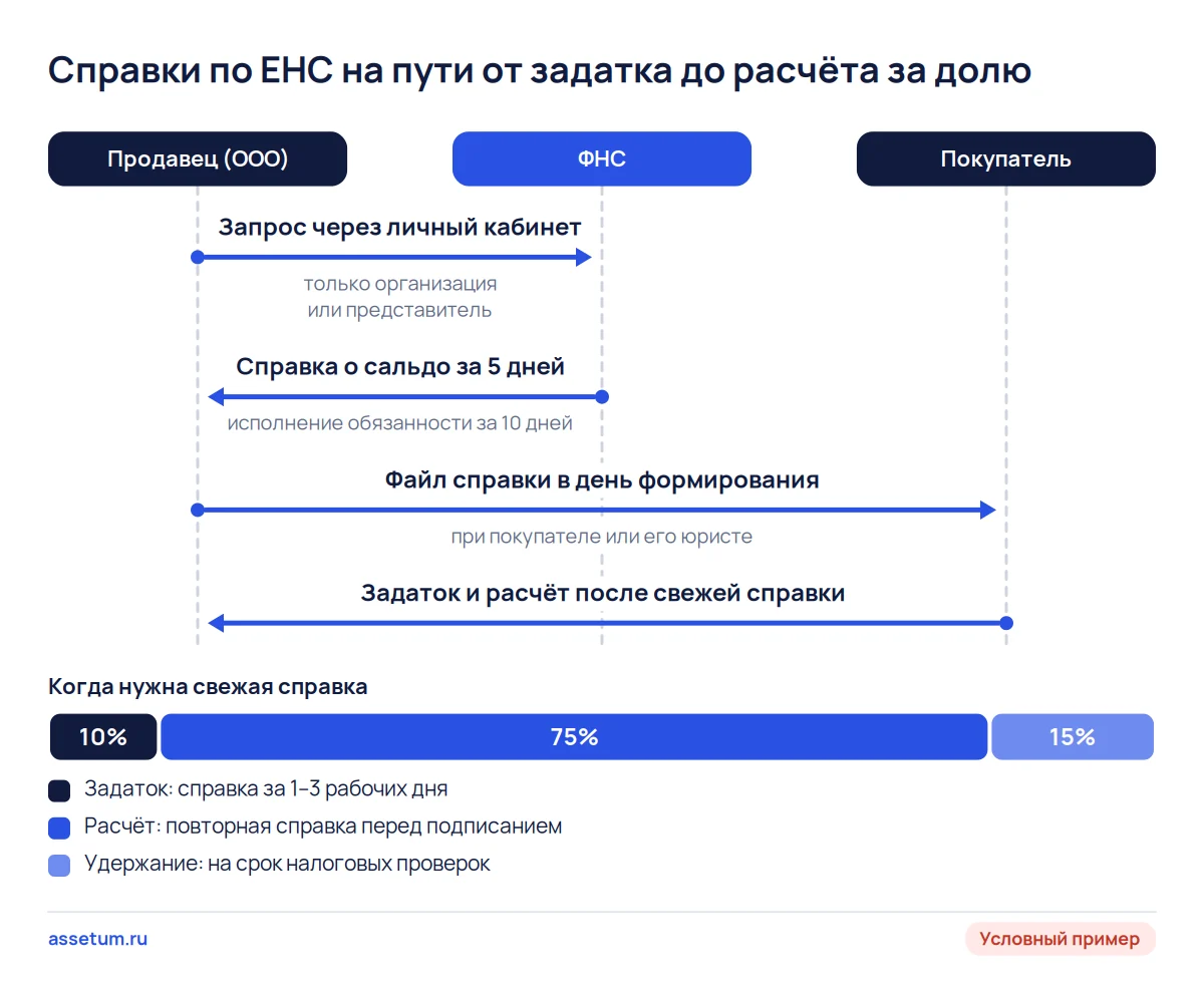 Схема получения справок ФНС при покупке доли: продавец запрашивает, ФНС выдаёт за 5–10 дней, покупатель сверяет перед оплатой