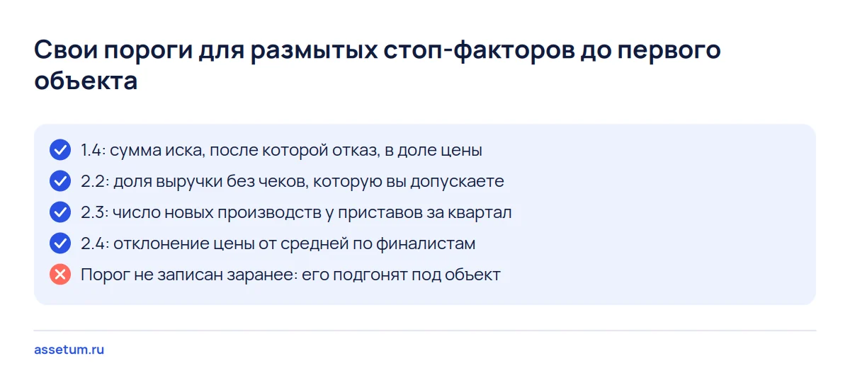 Чек-лист порогов покупателя для стоп-факторов 1.4, 2.2, 2.3 и 2.4, которые записывают до просмотра первого объекта