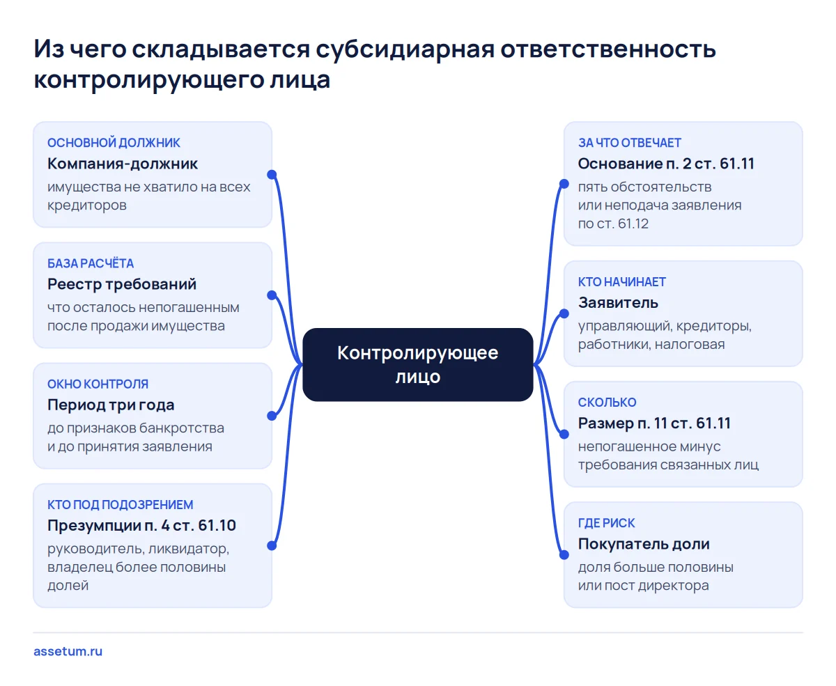 Карта субсидиарной ответственности: контролирующее лицо связано с долгом, периодом, основанием, размером и покупателем доли